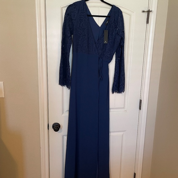 Lulu's Utterly In Love Navy Blue Lace Long Sleeve Wrap Dress Size M - Picture 3 of 3